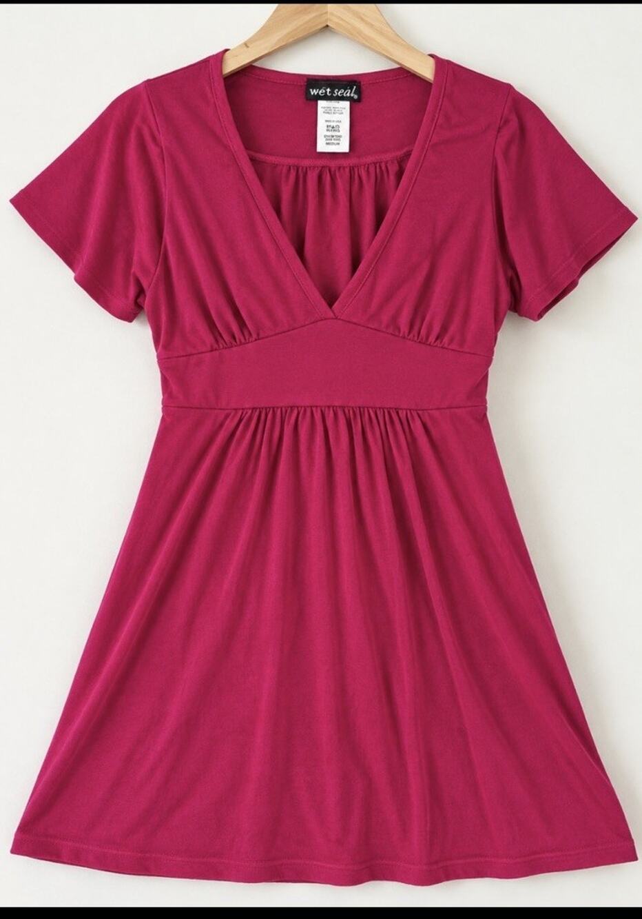 Y2K Wet Seal Pink Empire Waist V-Neck Short Sleeve Babydoll Top Women’s M NWT